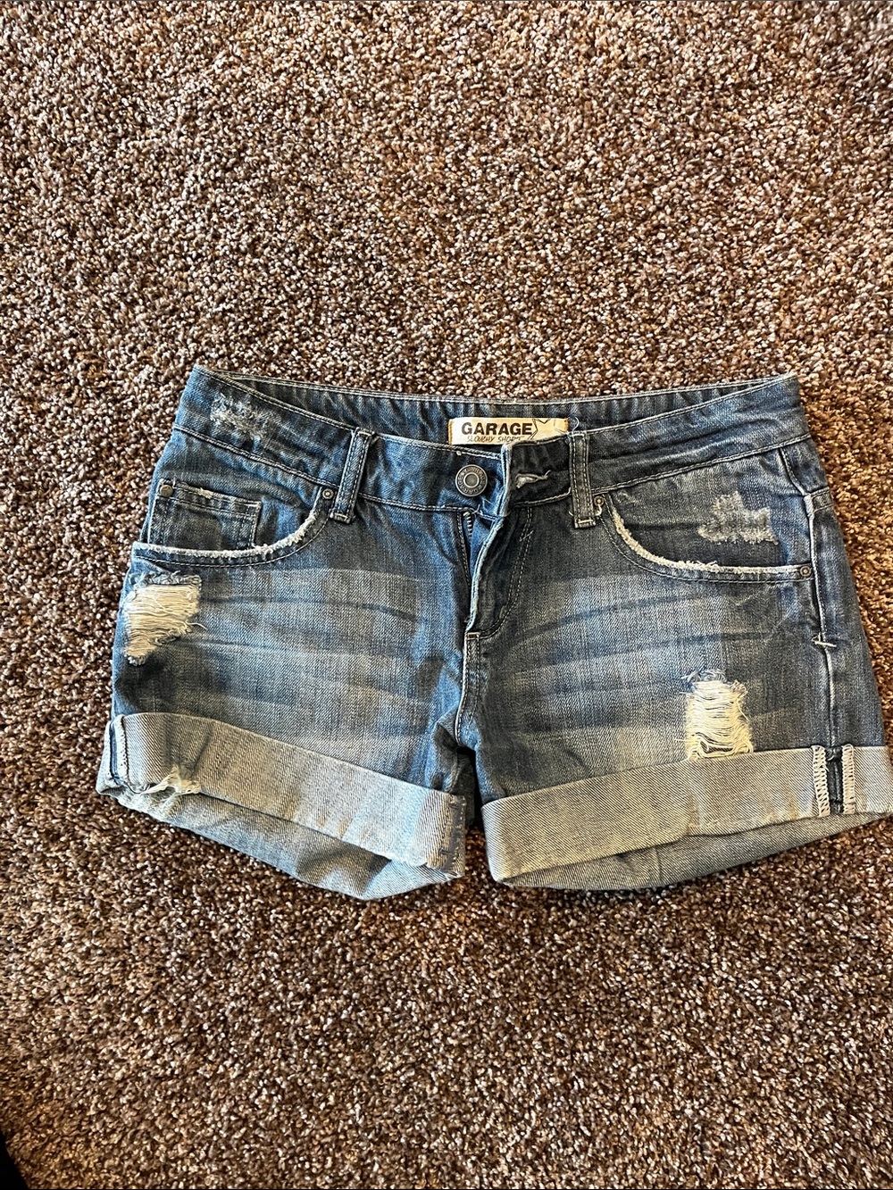 Garage Distressed Blue Rolled-Hem Denim Shorts